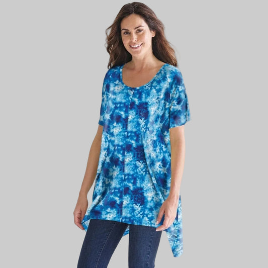 Blue tie dye sharkbite trapeze tunic made from soft cotton fabric