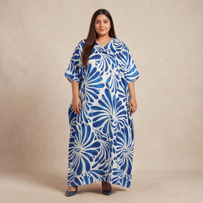 Blue and White Floral Print Maxi Kaftan for Women with V-Neckline and Wide Flowing Sleeves