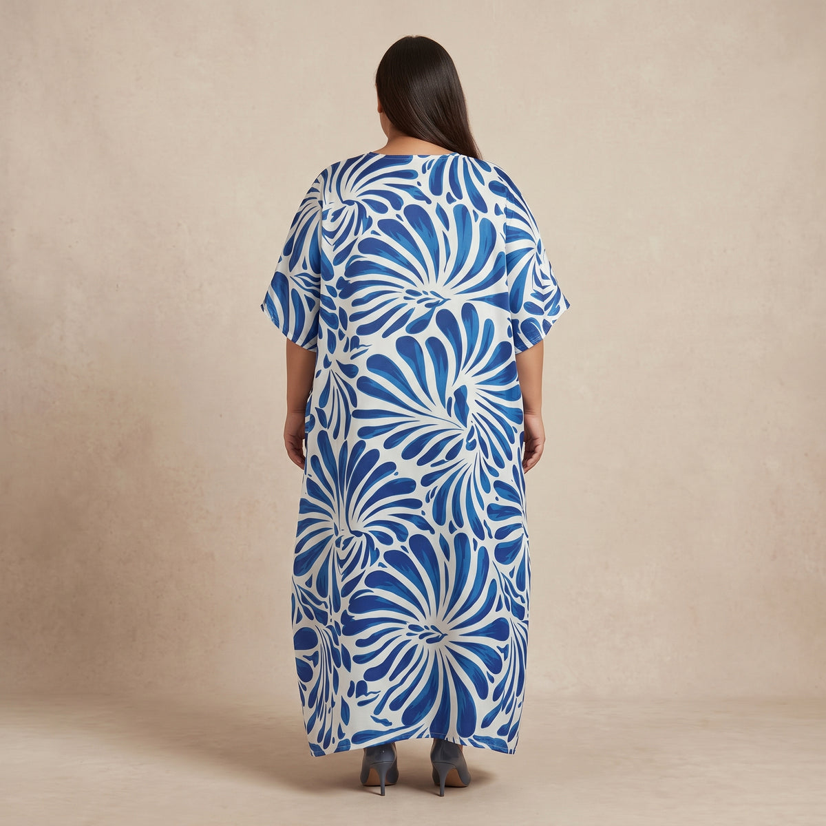 Blue and White Floral Print Maxi Kaftan for Women with V-Neckline and Wide Flowing Sleeves