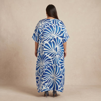 Blue and White Floral Print Maxi Kaftan for Women with V-Neckline and Wide Flowing Sleeves
