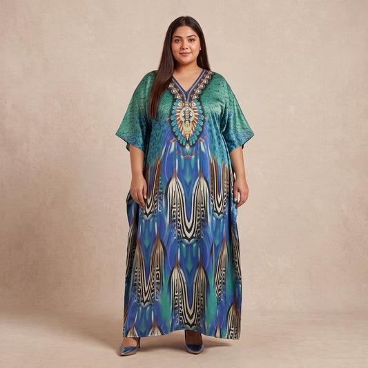 Blue and teal peacock feather motif maxi kaftan made from lightweight polyester with an elegant print and flowing silhouette.