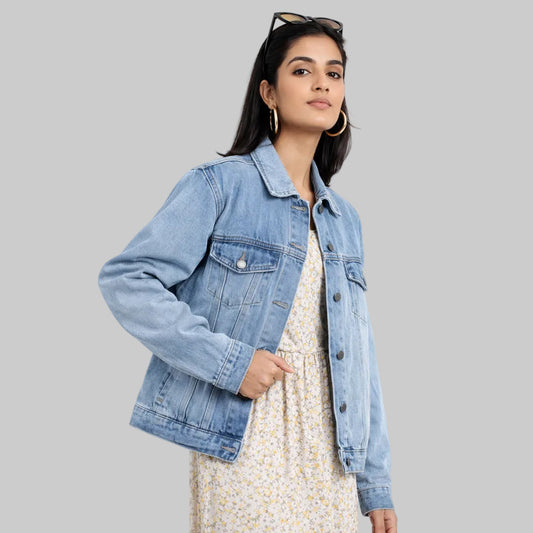 Blue western style denim jacket for women, front view, 100% cotton classic fit casual jacket.