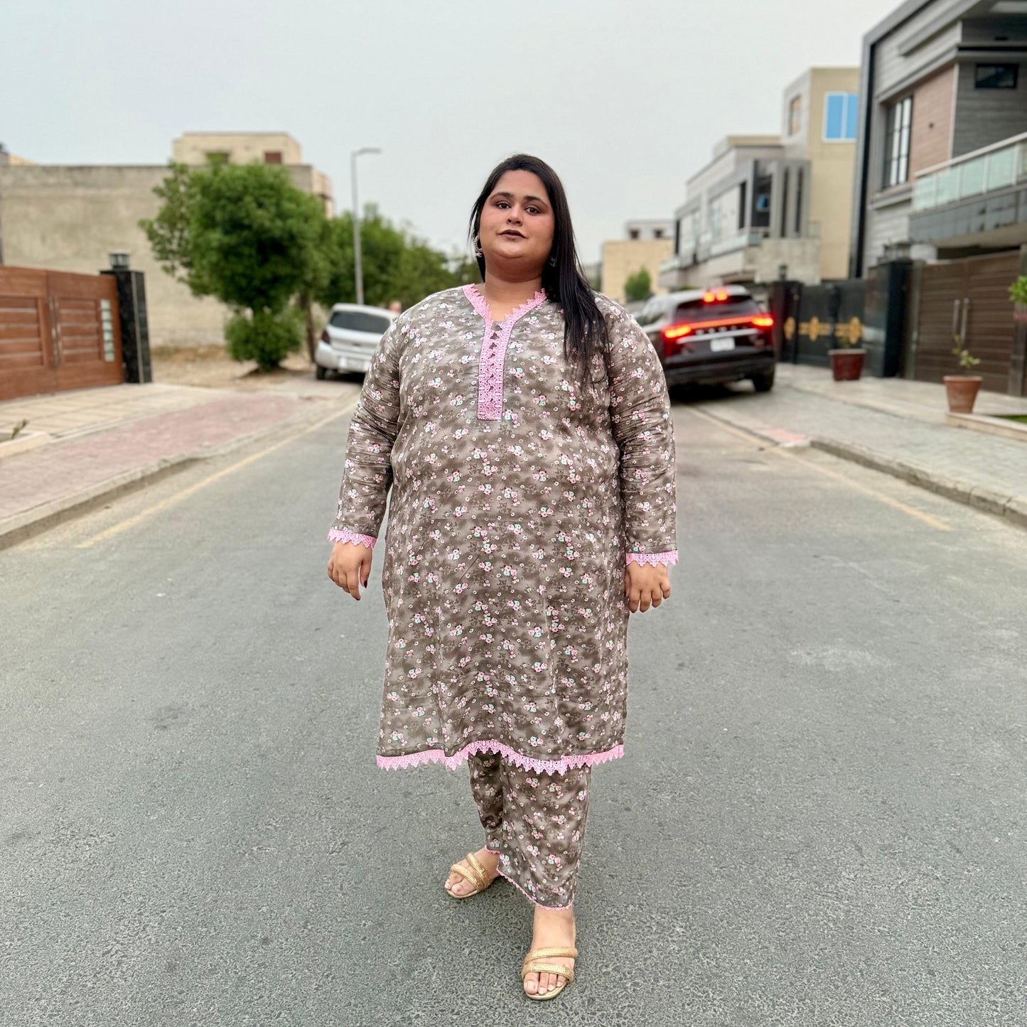 Blush Bloom – Plus Size Stitched Suit with Pink Lace (2PC) PSW-9494