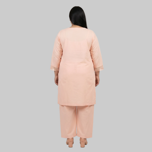 Blush Peach cotton lawn lace trim co-ord set for women with elegant two-piece summer outfit made from breathable cotton lawn fabric.