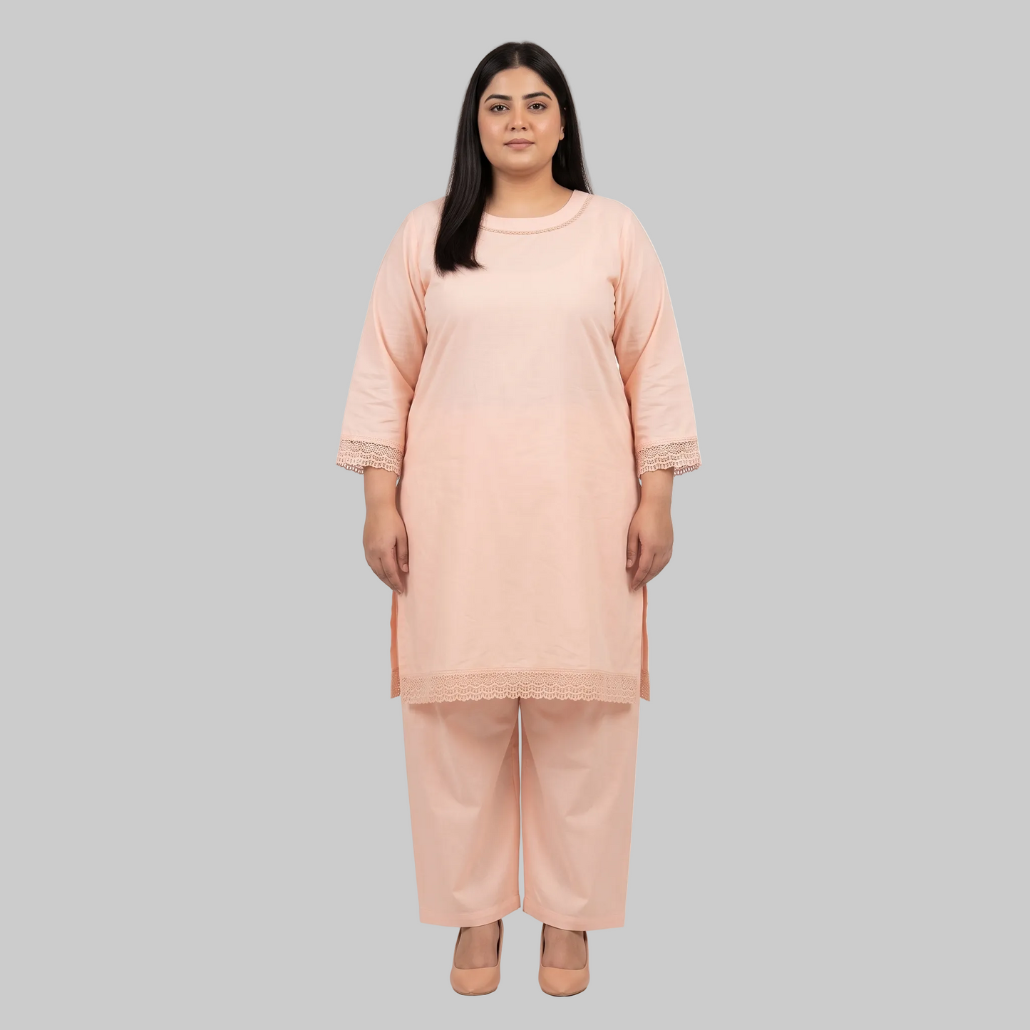 Blush Peach cotton lawn lace trim co-ord set for women with elegant two-piece summer outfit made from breathable cotton lawn fabric.