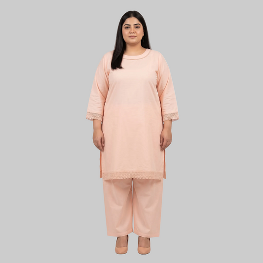 Blush Peach cotton lawn lace trim co-ord set for women with elegant two-piece summer outfit made from breathable cotton lawn fabric.