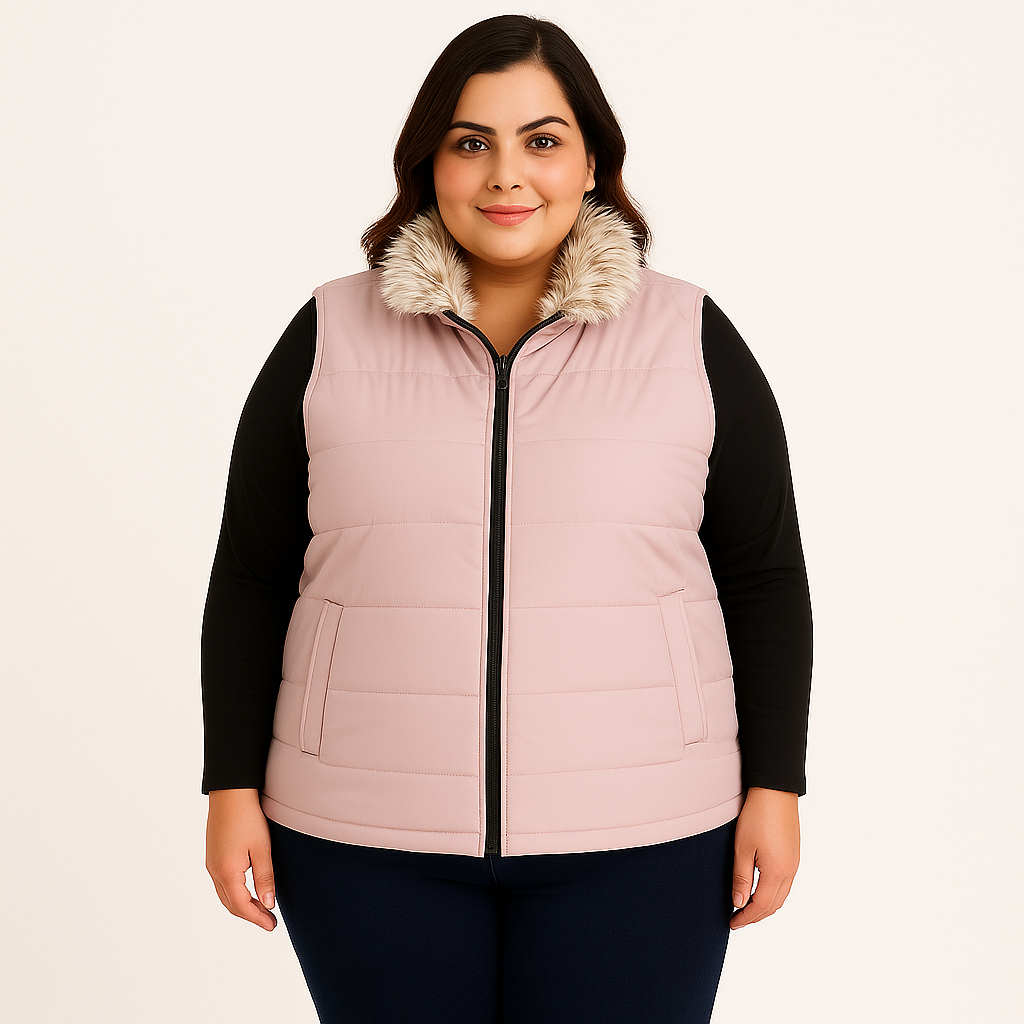 Plus size Pakistani female model wearing blush pink sleeveless puffer vest with faux fur collar, quilted padded panels, and welt pockets – winter outerwear