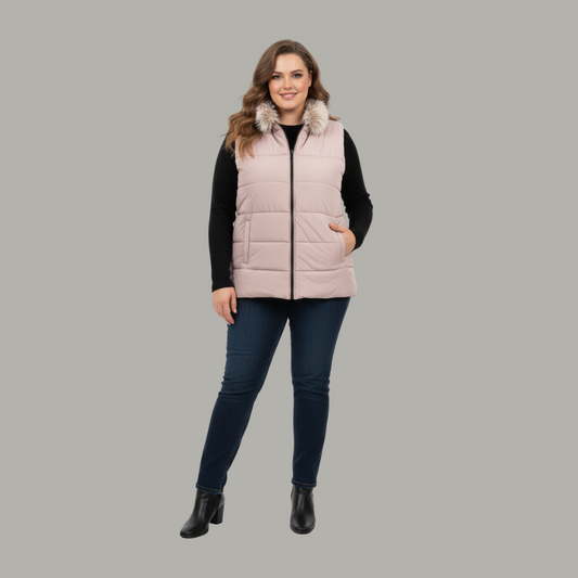 Blush Pink Sleeveless Puffer Vest with Faux Fur Collar –  PSW-10074