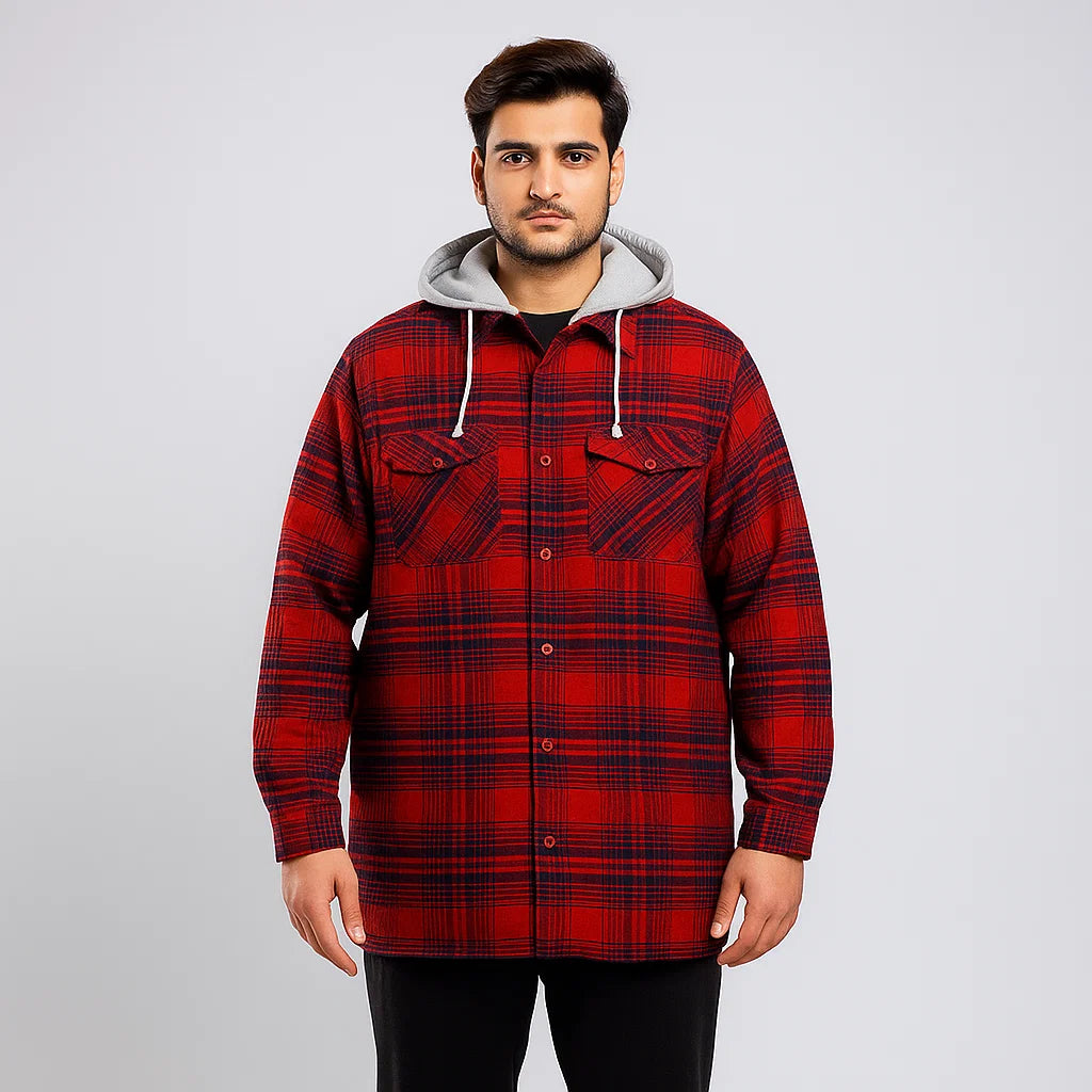 Plus-size Pakistani male model wearing Bordeaux plaid fleece-lined shirt jacket without hood on a light studio background, front and back view.