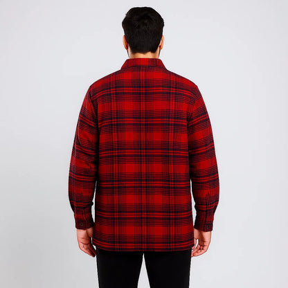 Plus-size Pakistani male model wearing Bordeaux plaid fleece-lined shirt jacket without hood on a light studio background, front and back view.