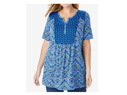 Bright Cobalt Batik Chevron Mixed Print Henley Tunic PSW-5535