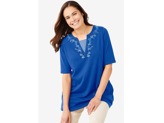 Bright Cobalt Flower Embroidery Embroidery Layered-Look Tunic PSW-7059