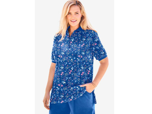 Bright Cobalt Graphic Bloom Short Sleeve Polo Tunic PSW-7062