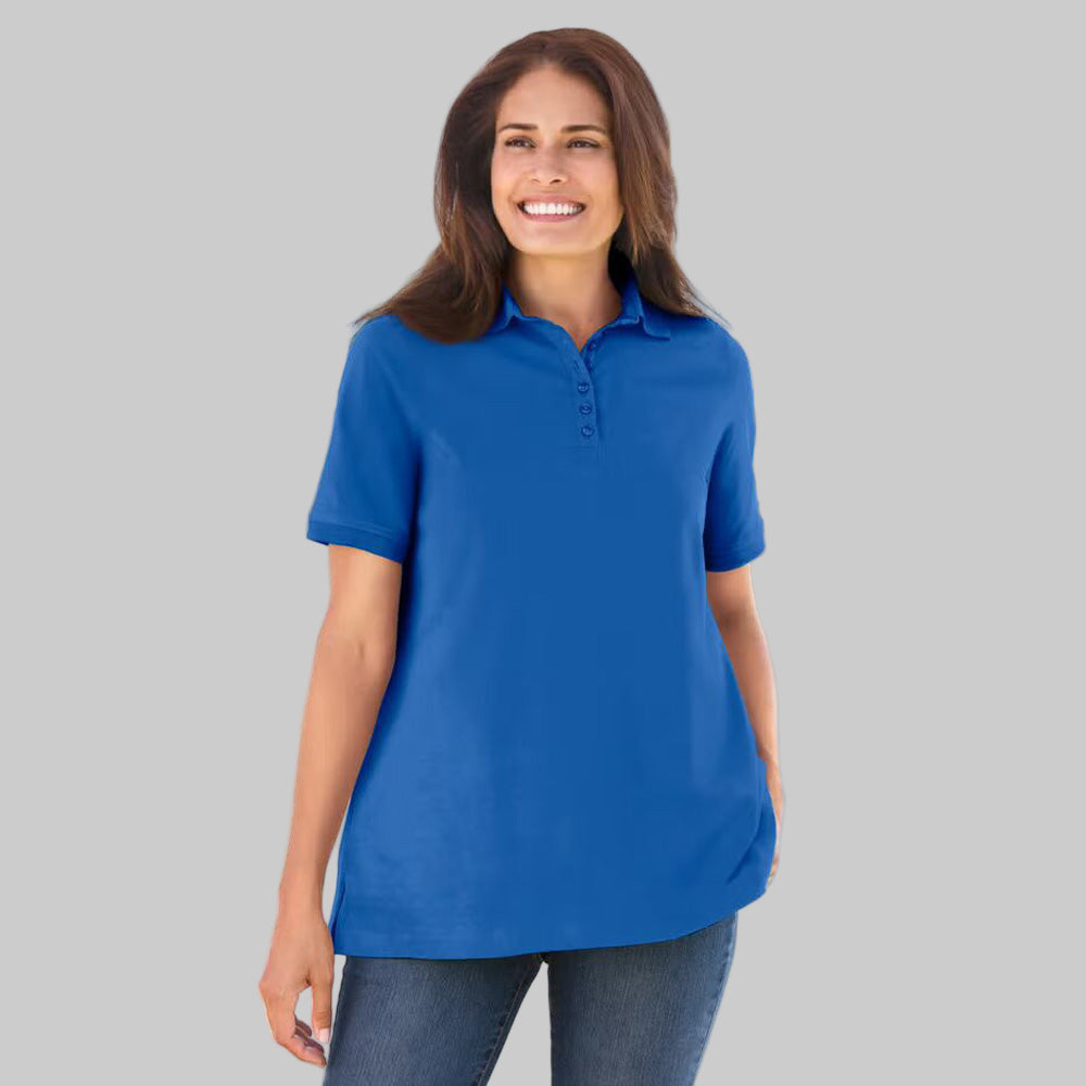 Women’s bright cobalt short-sleeve polo shirt with classic collar and relaxed fit, displayed on a white background.