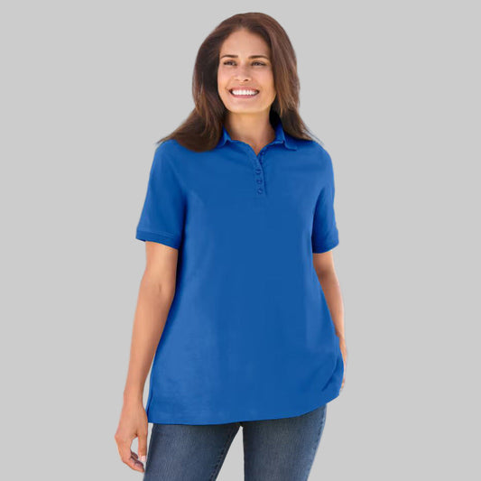Women’s bright cobalt short-sleeve polo shirt with classic collar and relaxed fit, displayed on a white background.