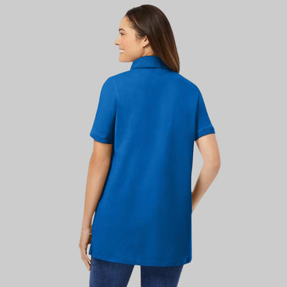 Women’s bright cobalt short-sleeve polo shirt with classic collar and relaxed fit, displayed on a white background.