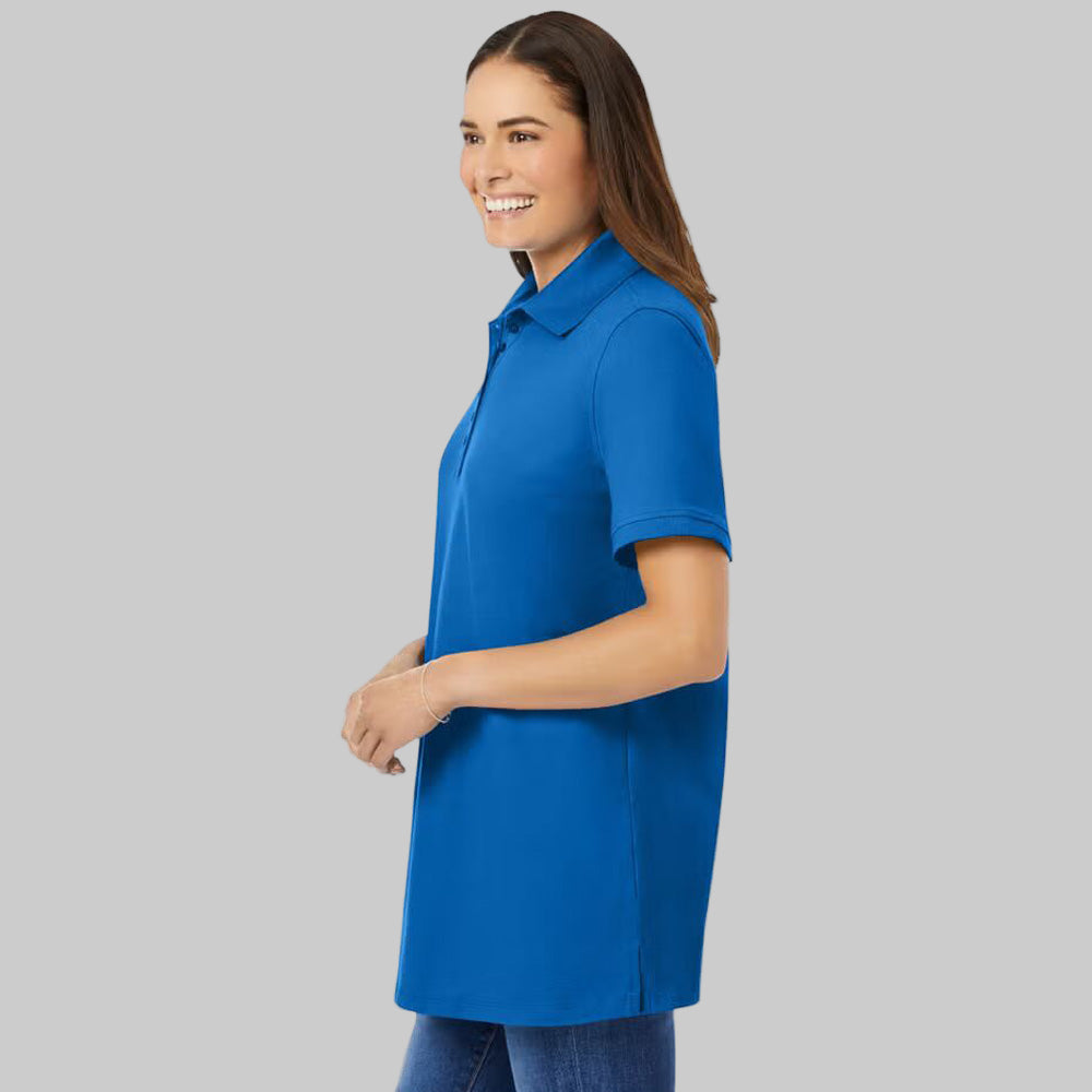 Women’s bright cobalt short-sleeve polo shirt with classic collar and relaxed fit, displayed on a white background.