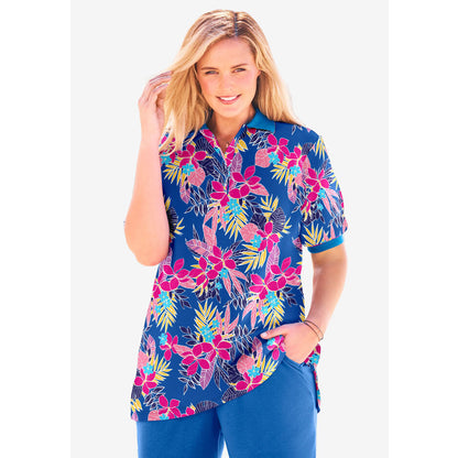 Bright Cobalt Pretty Tropicana Elbow-Sleeve Polo Tunic PSW-8322