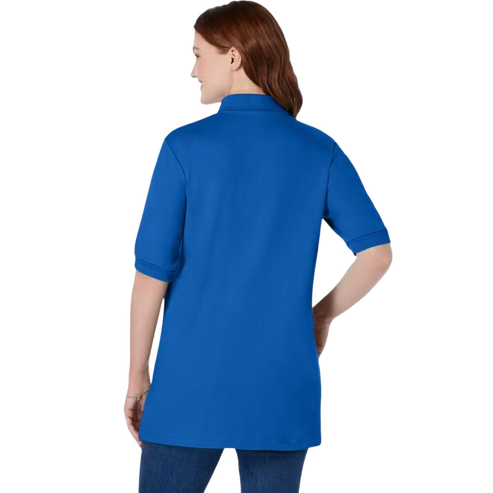 Bright cobalt women’s short sleeve polo t-shirt with collar and button detail, front view
