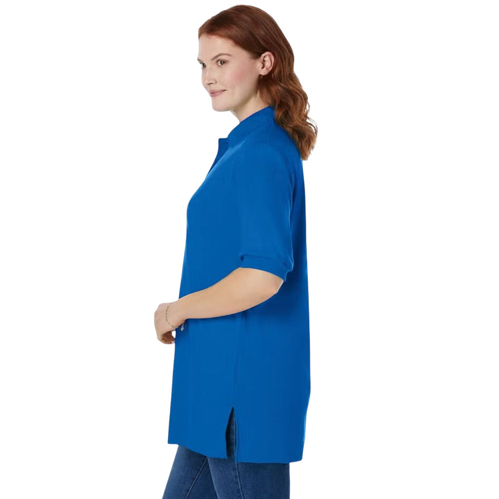 Bright cobalt women’s short sleeve polo t-shirt with collar and button detail, front view