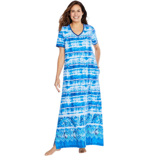 Bright Cobalt Tie Dye Stripe Long T-Shirt Lounger for Plus Size Women