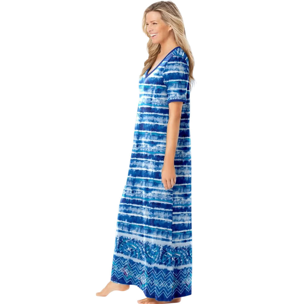 Bright Cobalt Tie Dye Stripe Long T-Shirt Lounger for Plus Size Women