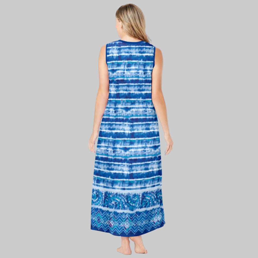 Plus-size woman wearing a bright cobalt tie-dye stripe sleeveless V-neck long lounger with side pockets, photographed on a white background.