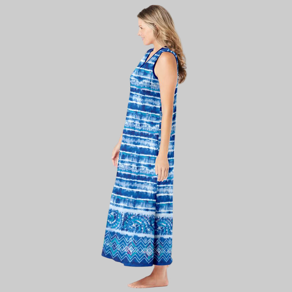 Plus-size woman wearing a bright cobalt tie-dye stripe sleeveless V-neck long lounger with side pockets, photographed on a white background.