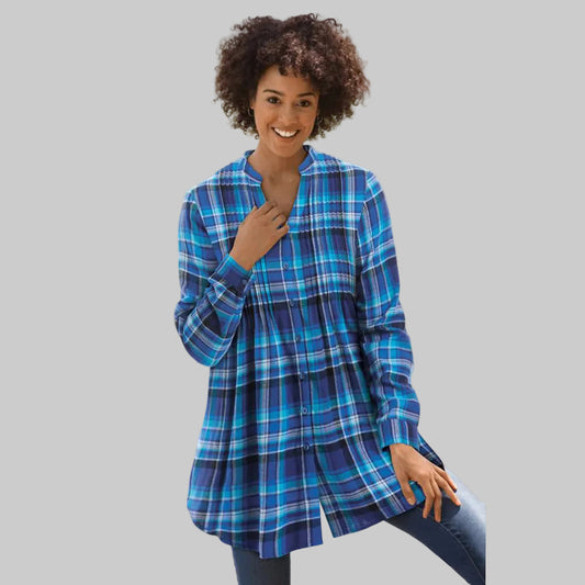 Women's bright cobalt blue plaid pintucked flannel tunic shirt with button front.