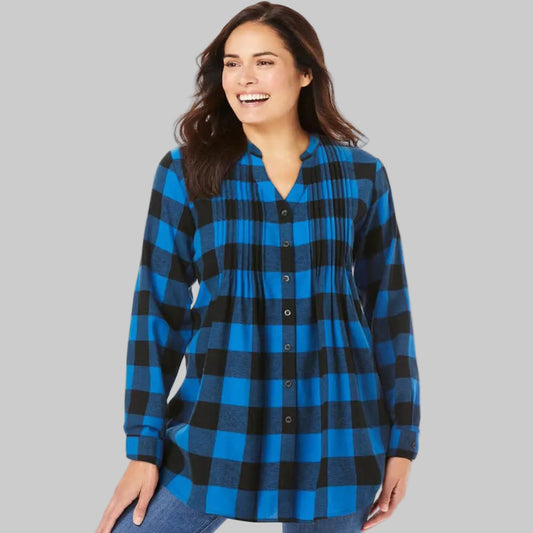 Women’s bright cobalt buffalo plaid pintucked flannel tunic shirt with button front.