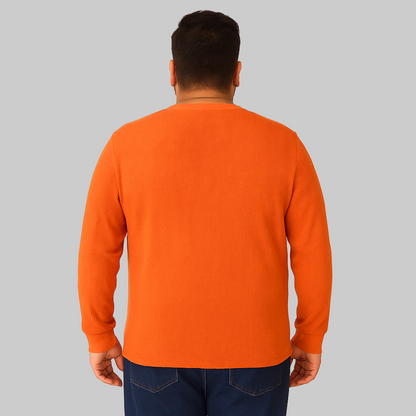 Bright Orange Waffle-Knit Thermal Henley Tee for men with five-button placket — soft cotton-blend thermal shirt for cool weather.
