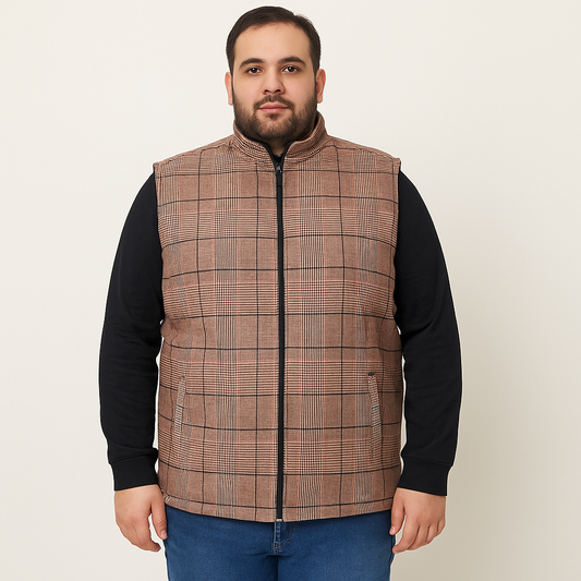 Brown Checkered Plus Size Sleeveless Puffer Vest PSM-9992