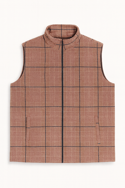 Brown Checkered Plus Size Sleeveless Puffer Vest PSM-9992