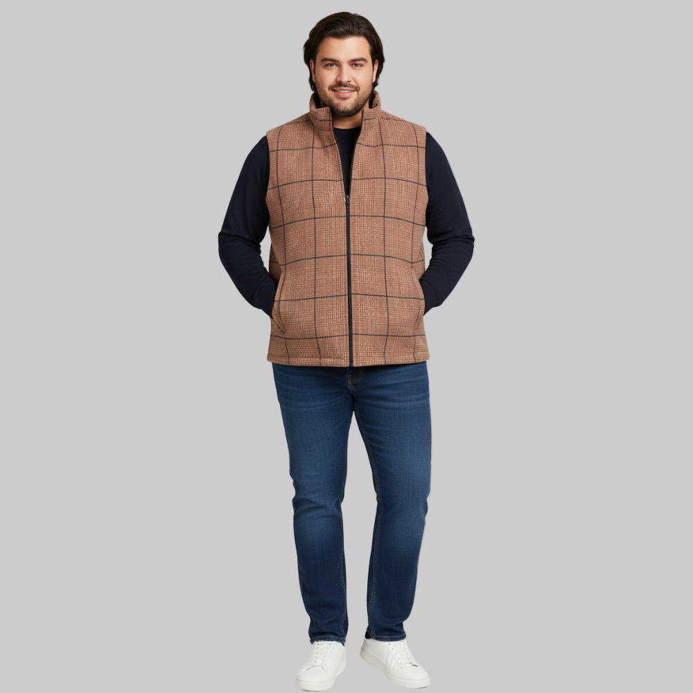 Brown Checkered Plus Size Sleeveless Puffer Vest PSM-9992