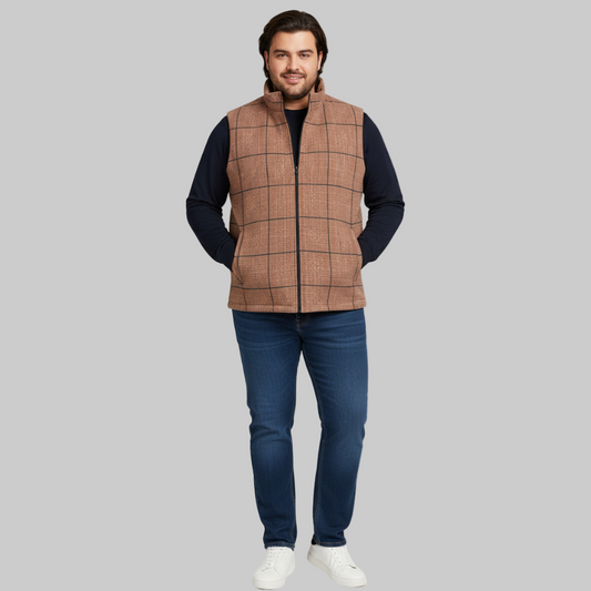 Brown Checkered Plus Size Sleeveless Puffer Vest PSM-9992