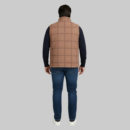 Brown Checkered Plus Size Sleeveless Puffer Vest PSM-9992