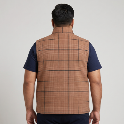 Brown Checkered Plus Size Sleeveless Puffer Vest PSM-9992