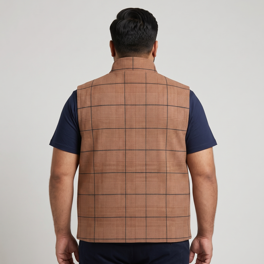 Brown Checkered Plus Size Sleeveless Puffer Vest PSM-9992