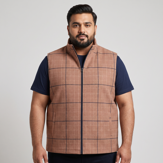 Brown Checkered Plus Size Sleeveless Puffer Vest PSM-9992