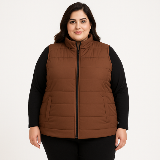 Plus size Pakistani female model wearing sleeveless puffer vest with quilted padded panels and welt pockets – casual outerwear