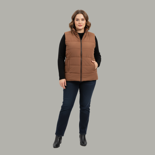 Brown Sleeveless Plus Size Women’s Puffer Jacket PSW-10071