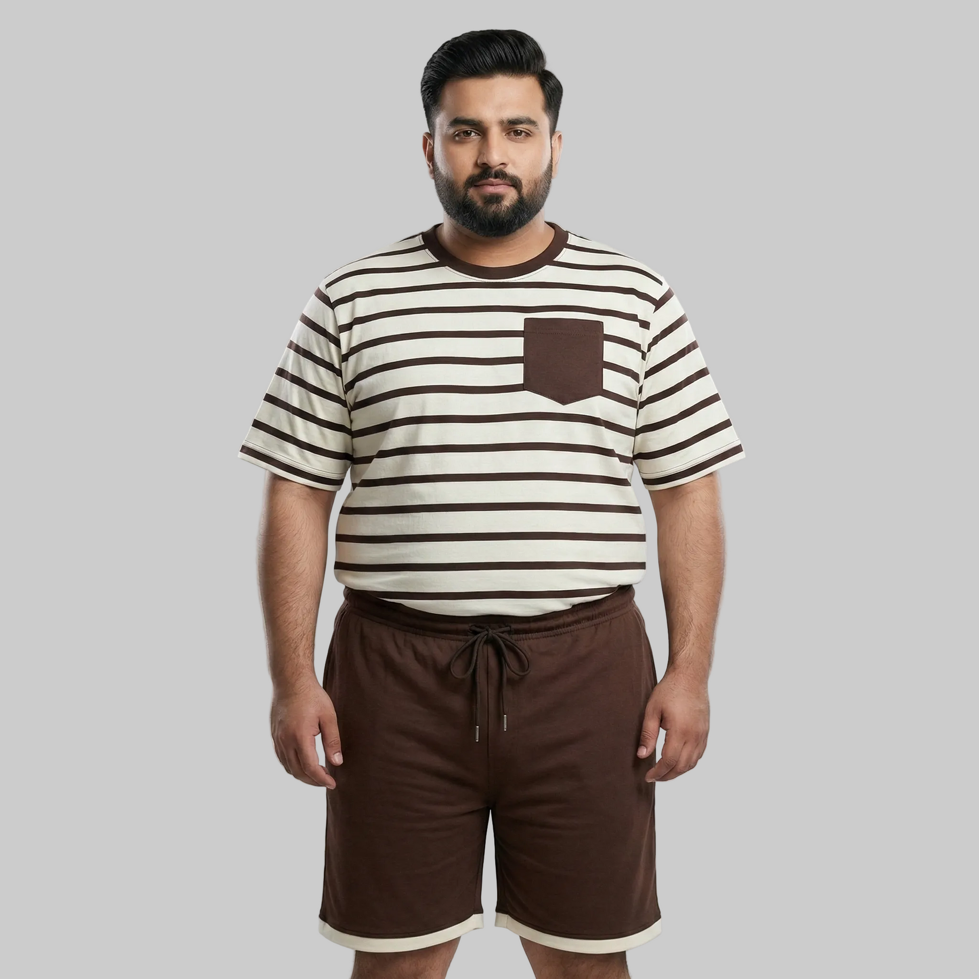 Brown stripe yarn-dyed jersey co-ord set with t-shirt and shorts big and tall XL to 6XL