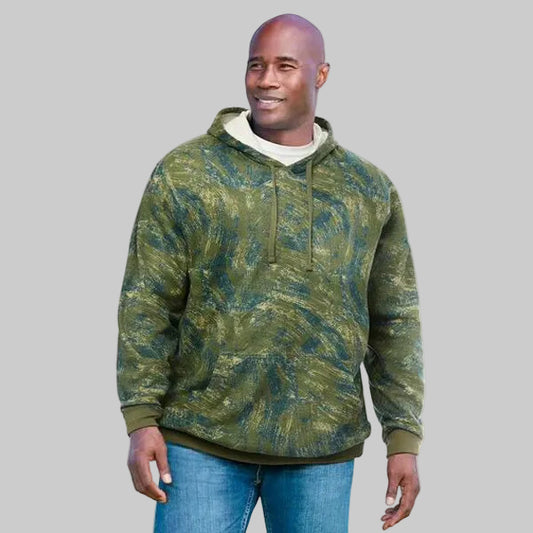 Brushstroke camo fleece pullover hoodie for big and tall men featuring a roomy fit, front pouch pocket, drawstring hood, and soft fleece lining