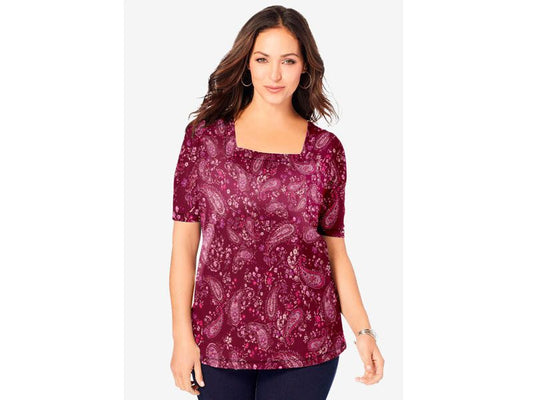 Burgundy Falling Paisley Square Neck Top PSW-7205