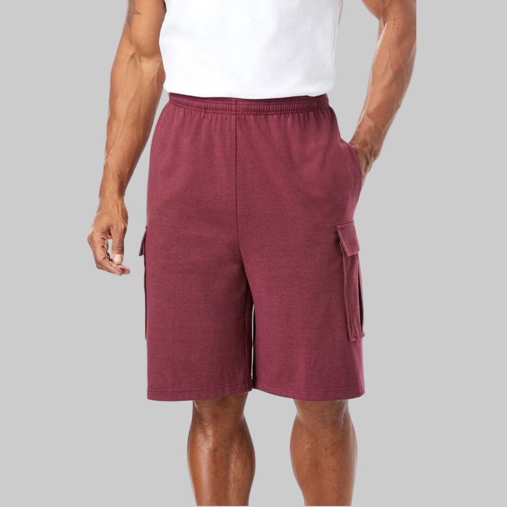 Men’s plus-size lightweight cargo shorts with elastic drawstring waist and multiple pockets, including tab-closure cargo pockets—perfect for casual or active wear.
