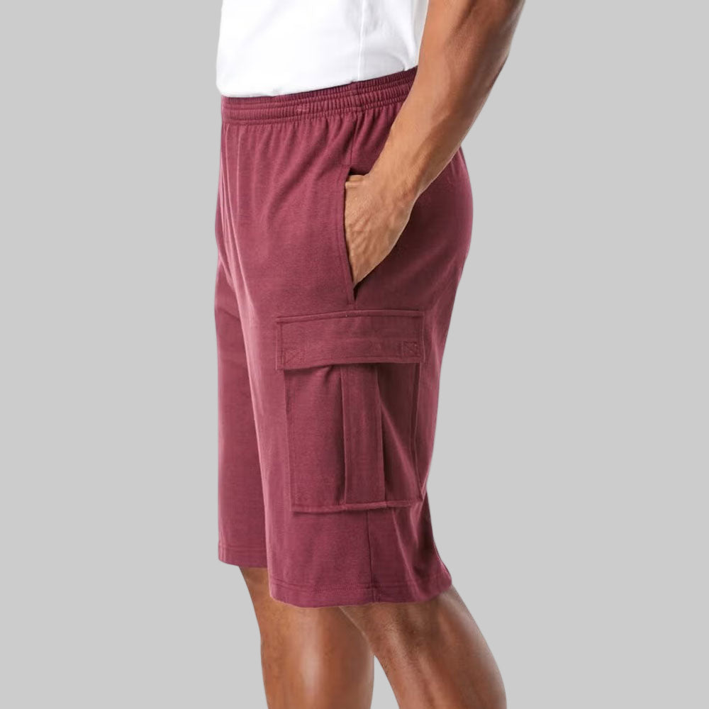 Men’s plus-size lightweight cargo shorts with elastic drawstring waist and multiple pockets, including tab-closure cargo pockets—perfect for casual or active wear.