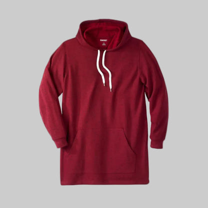 Burgundy marl fleece pullover hoodie with relaxed fit, kangaroo pocket, ribbed cuffs, and extra length shown on a plain background.
