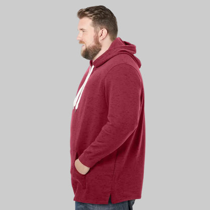 Burgundy marl fleece pullover hoodie with relaxed fit, kangaroo pocket, ribbed cuffs, and extra length shown on a plain background.