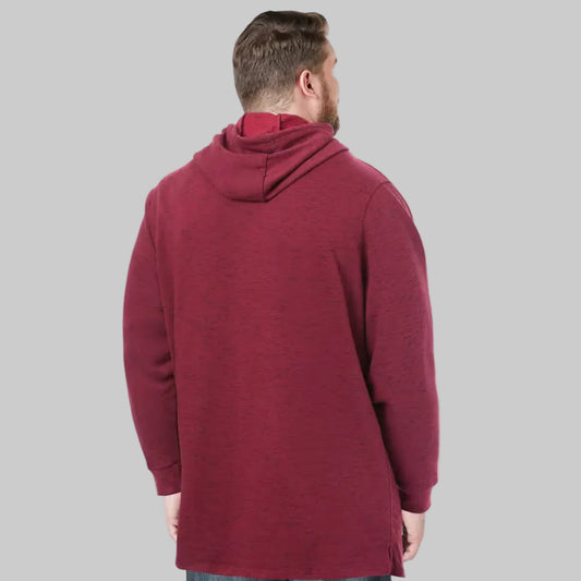 Burgundy marl fleece pullover hoodie with relaxed fit, kangaroo pocket, ribbed cuffs, and extra length shown on a plain background.