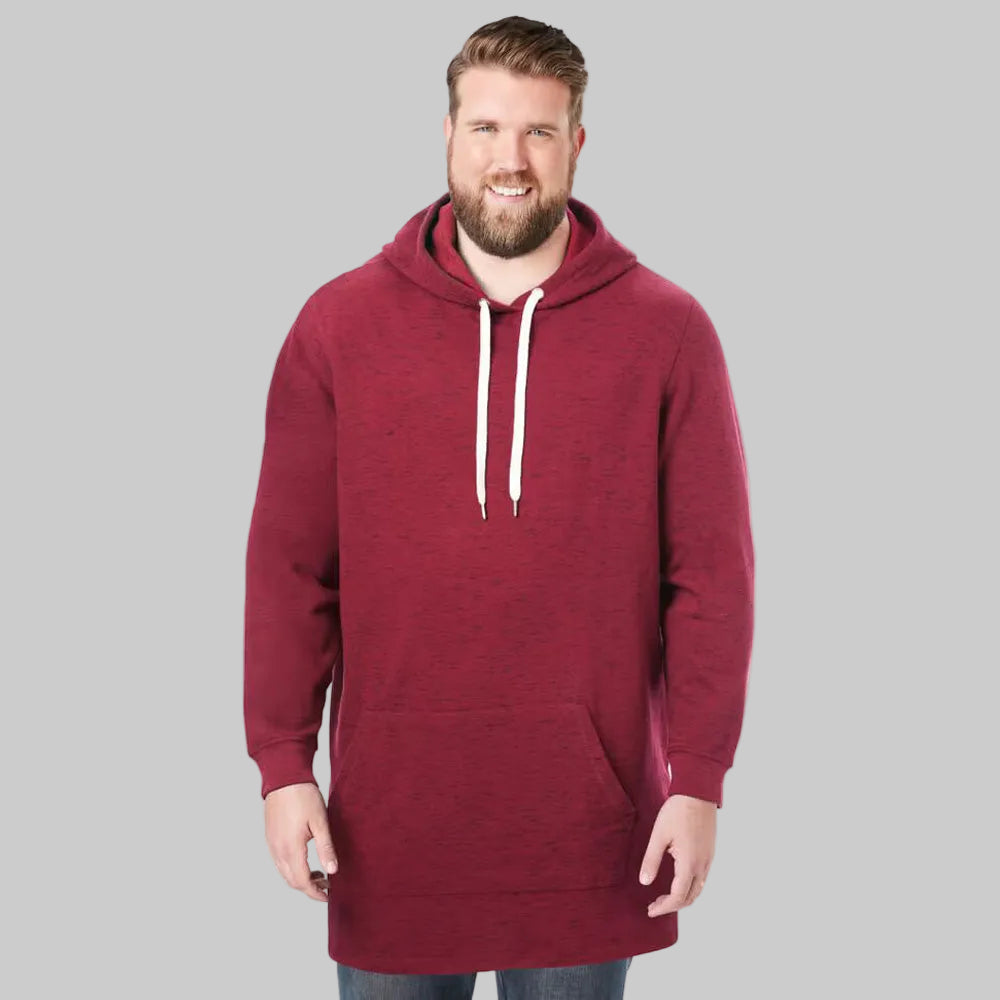 Burgundy marl fleece pullover hoodie with relaxed fit, kangaroo pocket, ribbed cuffs, and extra length shown on a plain background.